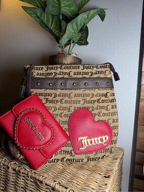 Juicy Couture Red Heart Accent Logo Tote with Matching Red Card Case